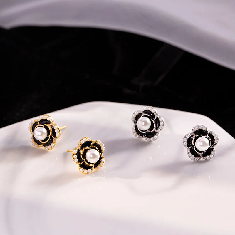 Newest Design 925 Sterling Silver Camellia Rose Flower Pearl Earrings