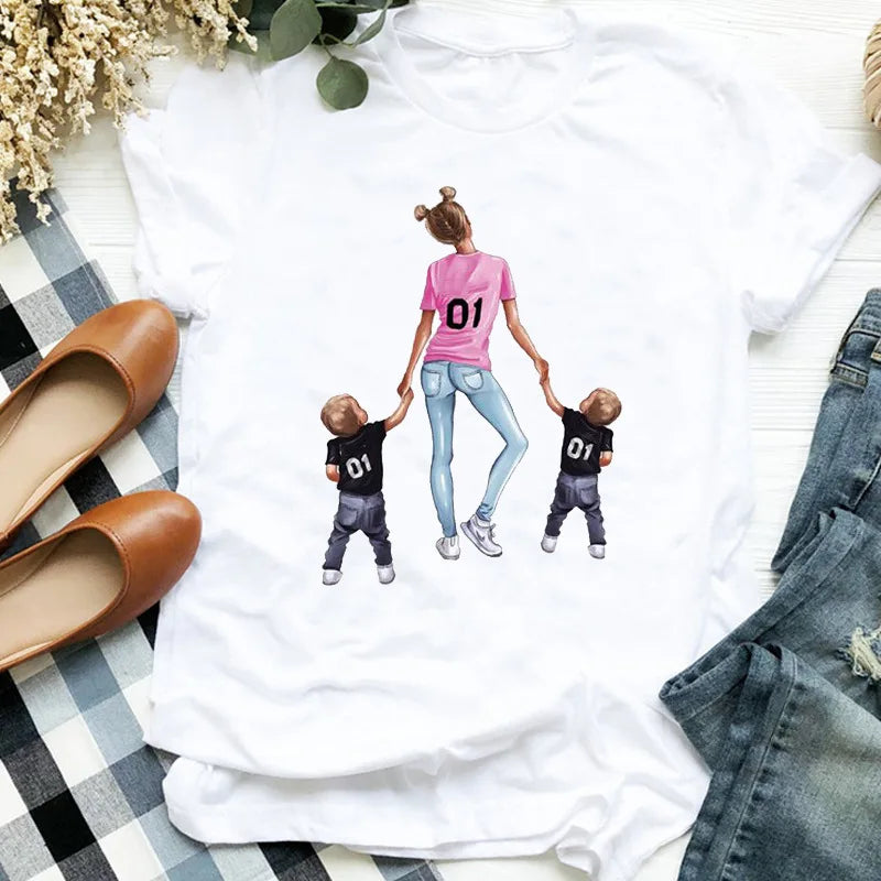Maycaur Women Cartoon Mom Mother Boy Girl Print Mother Lady T-shirts Casual Top T Shirt Ladies Womens Graphic Female Tee T-Shirt