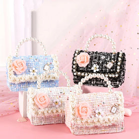 2026 New Fashion Mini Tweed Princess Crossbody Bag Pearl Chain Cute Small Shoulder Handbag for Little Girls Daily Outfit Purse