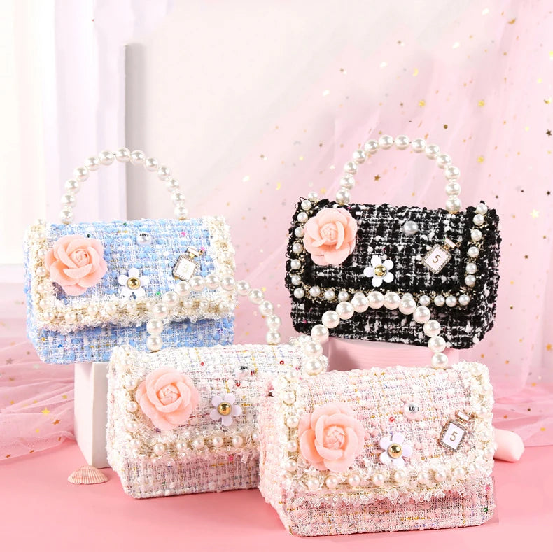 2026 New Fashion Mini Tweed Princess Crossbody Bag Pearl Chain Cute Small Shoulder Handbag for Little Girls Daily Outfit Purse