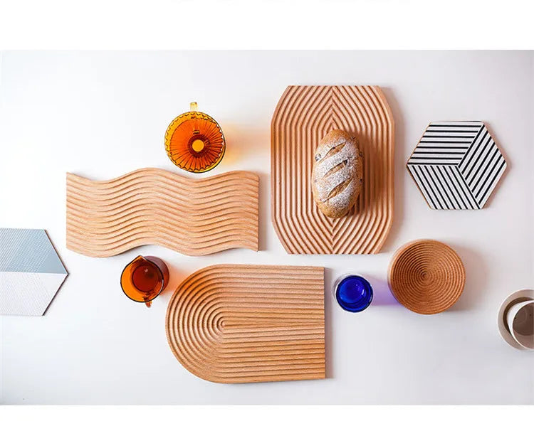 Wave Beech Small Large Tea Food Wooden  Tray Water Ripple Tray Corrugated Tray