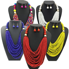 Wholesale Fashion Beads Jewelry Sets Costume African Colored Bohemian Tassel Rice Bead Necklace