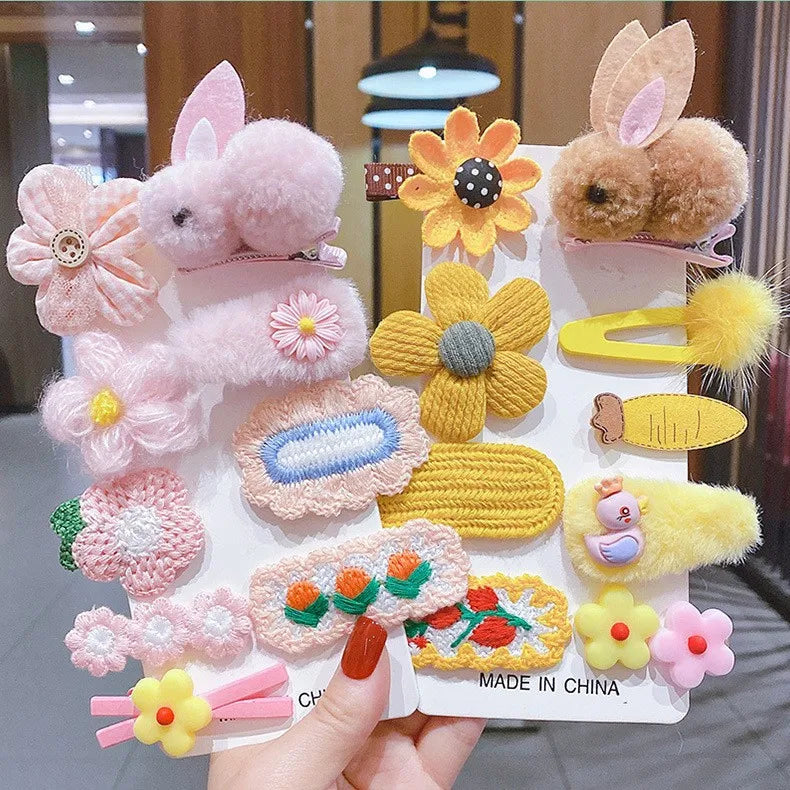 9 Pcs/set Factory Sale Cartoon Bow Hair Clips Handmade for Girls Kids Rabbit Design Hair Accessories Fancy Hair Clips