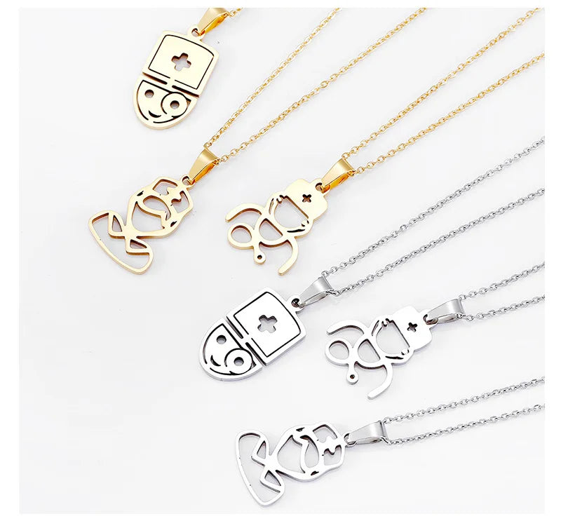 Dainty Singoli Stainless Steel Gold Nurse Doctor Stethoscope Necklace Cartoon Smooth Hollowed Pendant Jewelry Doctor Day Gift