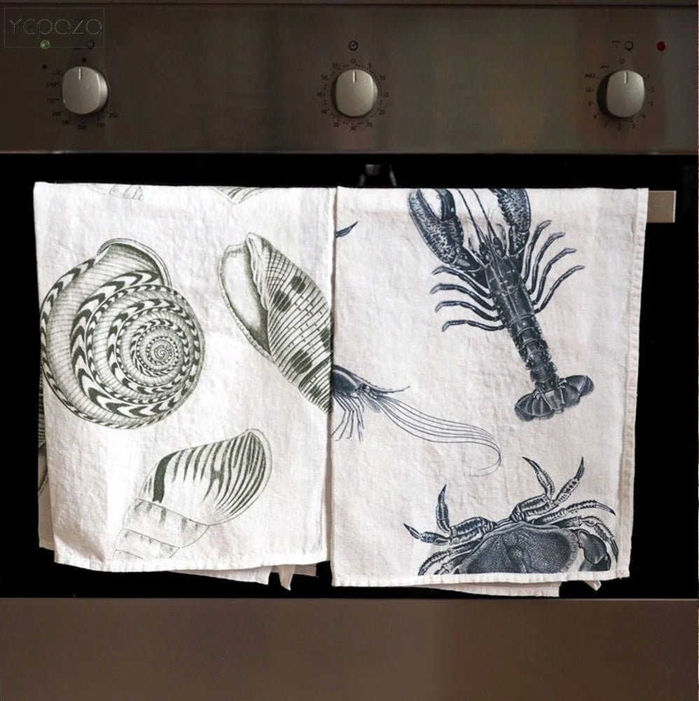 Set of 2 Linen Kitchen Towels with Sealife Printed Dish Towel Custom Handmade Square Plain GOTS Recycled 45cm X 63cm or Custom