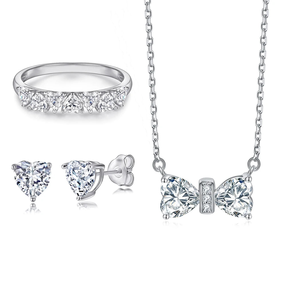 Jewelry Set Heart Bow Sterling Silver Set Prong Setting