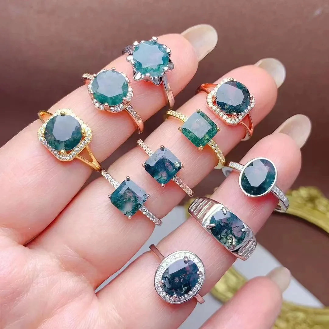 Wholesale Turkish Fashion 925 Sterling Silver 18k Gold Plated Natural Moss Agate Engagement Luxury Rings for Women