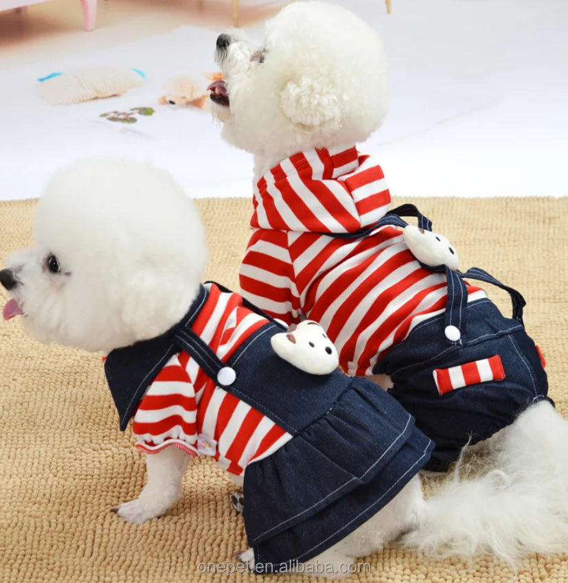 Striped Denim Skirt Overalls Pet Clothing Pomeranian Bichon Dog Winter Small Dog Clothes