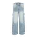 Classic Solid Color Washed Straight Jeans Side Pocket Baggy Cargo Jeans Mid Waist  Men Stacked Jeans