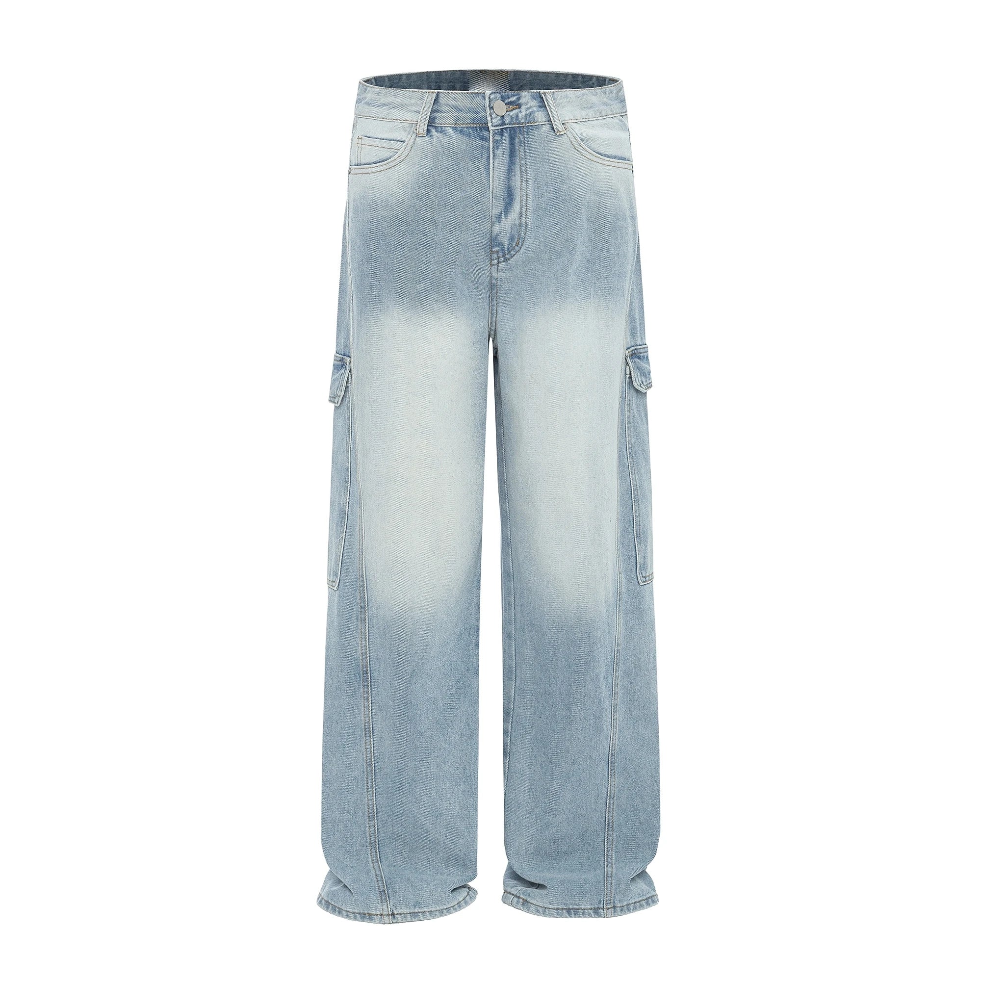 Classic Solid Color Washed Straight Jeans Side Pocket Baggy Cargo Jeans Mid Waist  Men Stacked Jeans