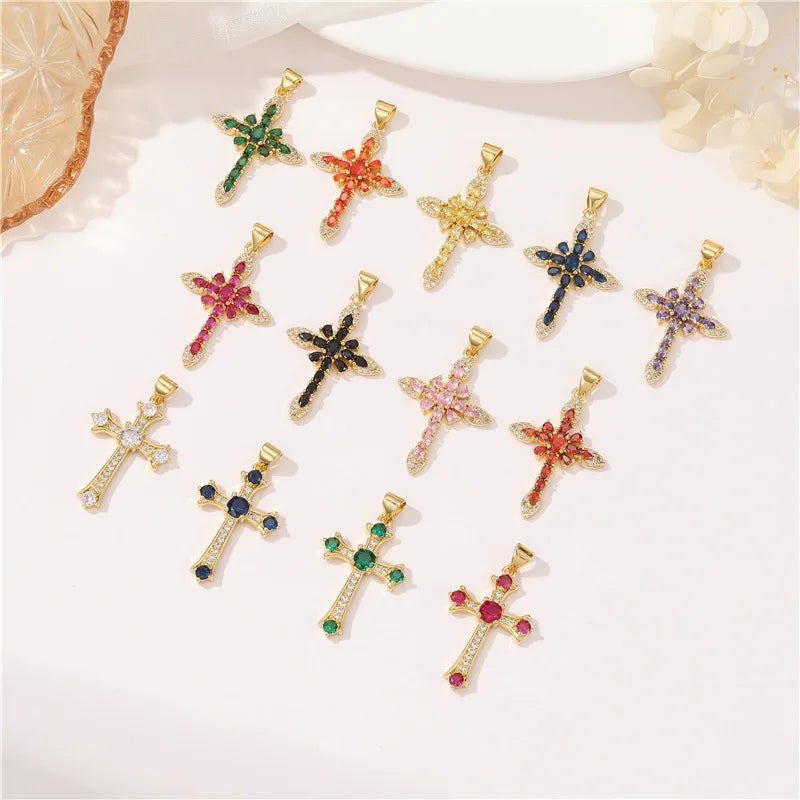 Wholesale Jewelry Diy Accessories Brass Gold Plated Cross Pendants Colored Zirconia Cross Charms for Jewelry Making Charms