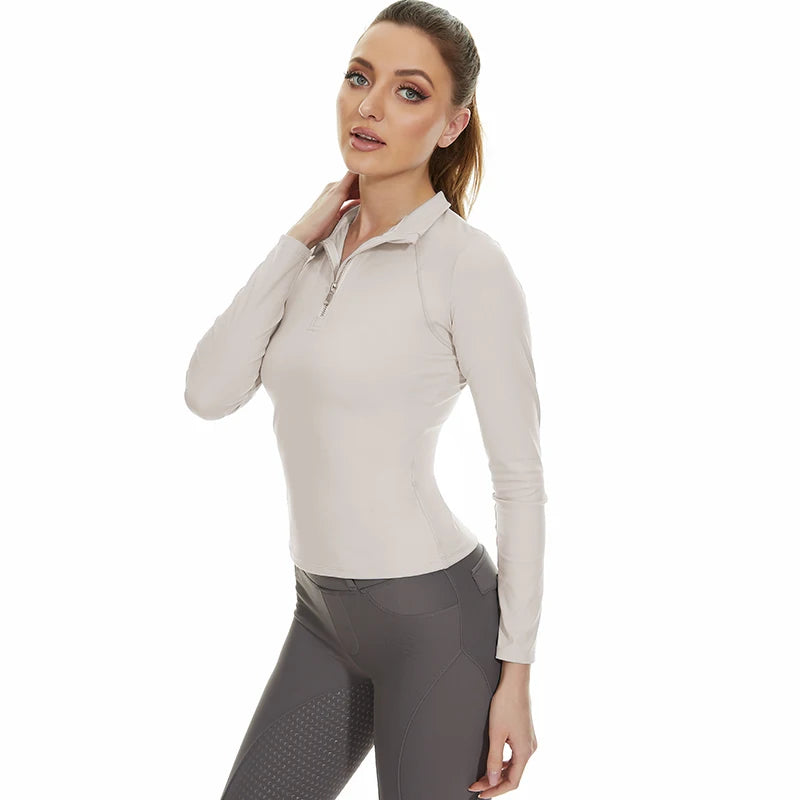 Custom Logo Summer Collar Zipper Breathable Woman Equine Baselayer Nylon Spandex Quick Dry Horse Riding Shirt Equestrian Top