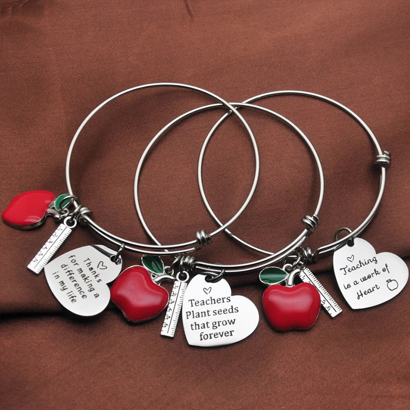 Manufacturer Stainless Steel Adjustable Wire Bangle with Heart Teach Charm Teacher's Day Gift  for Teacher Bangles