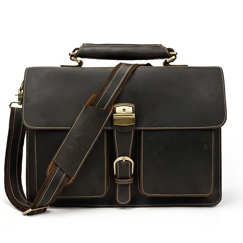 Men Crazy Horse Leather Business Bag Retro Large Capacity Genuine Leather Briefcase for 15.6" Laptop
