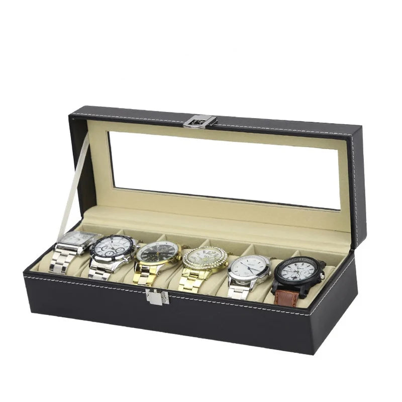 Modern 6 Slot Black PU Leather Watch Box With Large Glass Window Beige Velvet Interior Executive Watch Organizer Display Case