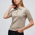 Women's Casual Fine-Gauge Cotton Wool Blend for Polo Shirt Korean Printed Stripe Embroidered Collared Short Knit Front Button