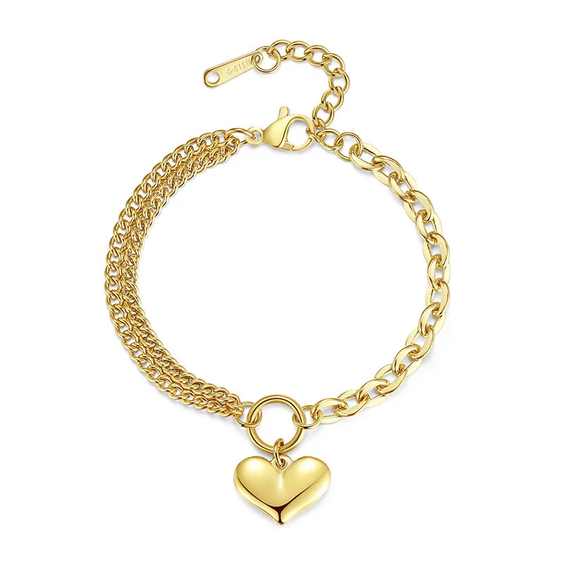 Classic Gold Plated Stainless Steel Heart Chain Bracelet Eco-Friendly Wedding or Party Gift for Men and Women