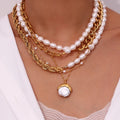 Fashion Women Stainless Steel 18K Gold Plated Freshwater Natural Pearl Ring Earrings Pendant Necklace Jewelry Set