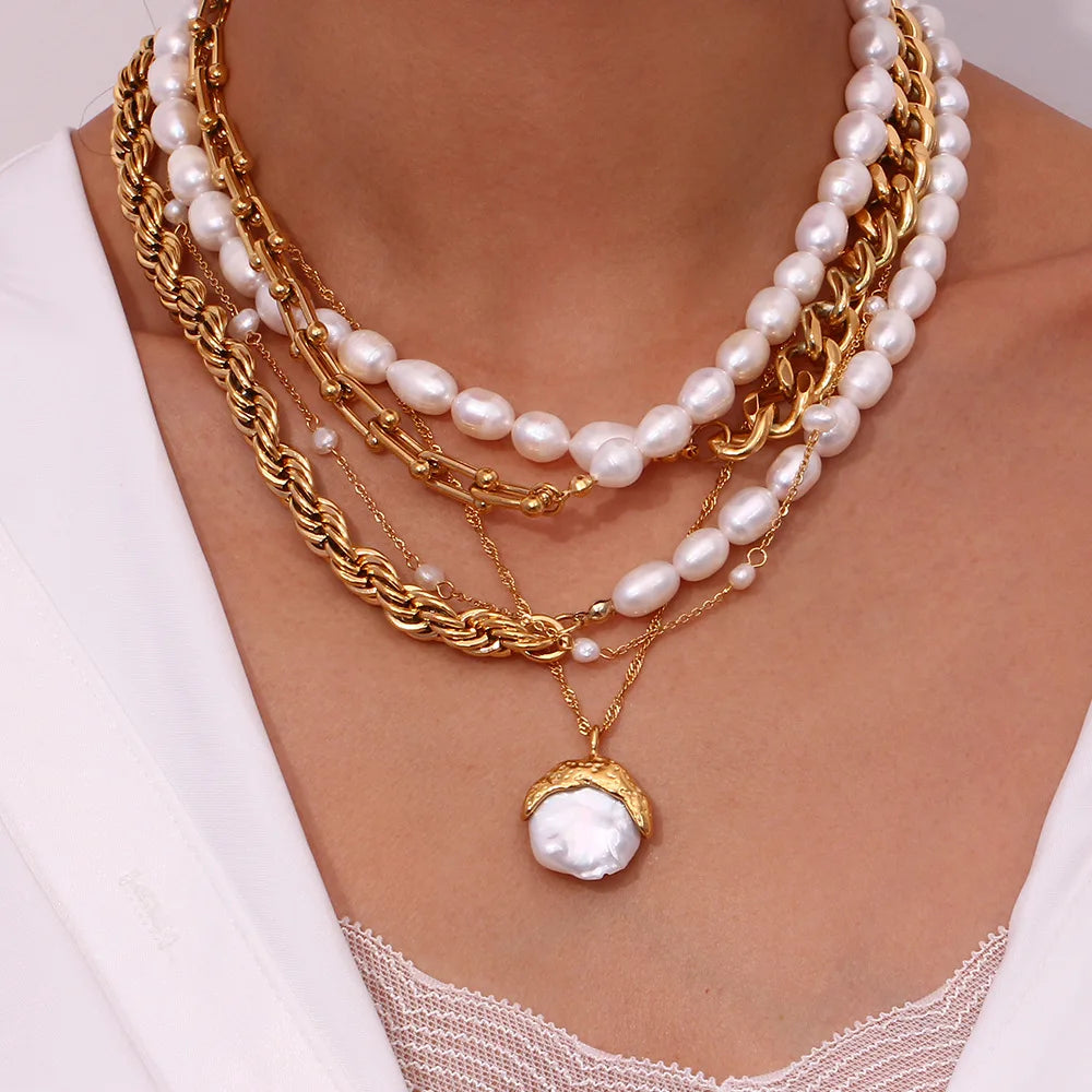 Fashion Women Stainless Steel 18K Gold Plated Freshwater Natural Pearl Ring Earrings Pendant Necklace Jewelry Set