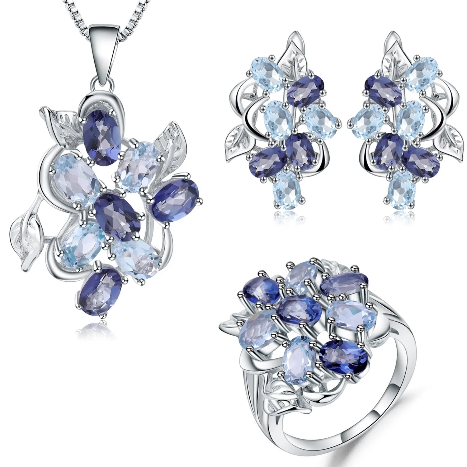 Abiding Hot Sale 925 Sterling Silver Jewelry Set Natural Gemstone Fashion Ring Earring Necklace Jewelry Set