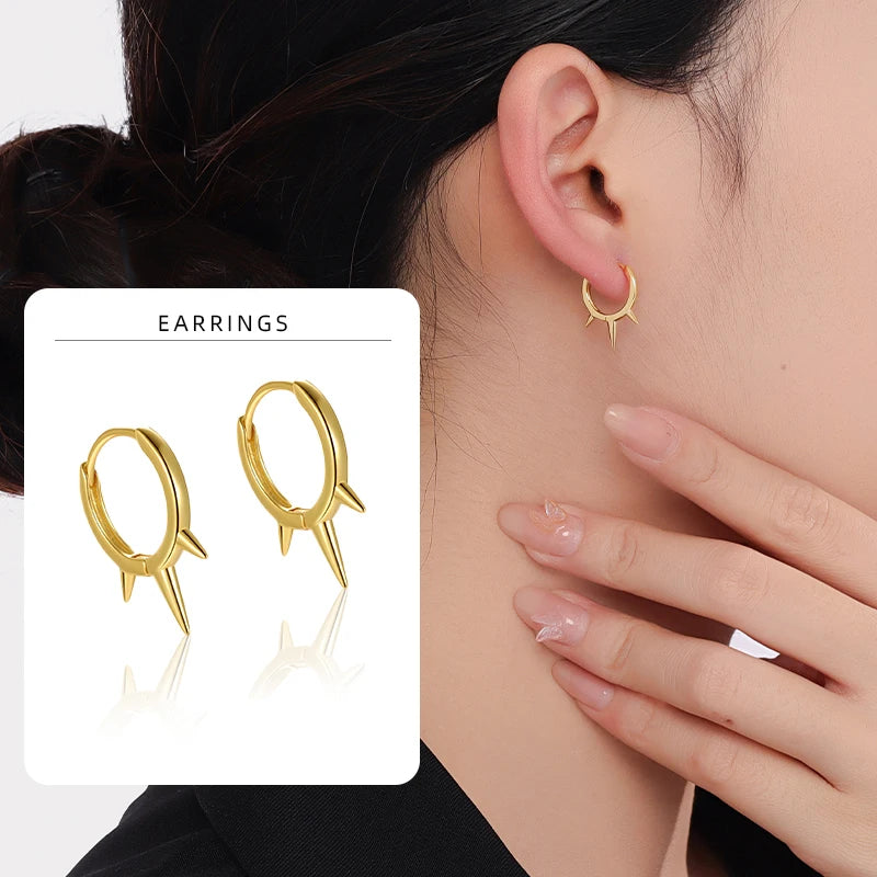 Punk 925 Sterling Silver Rivet Hoops Gold Plated Spike Huggies Earrings Set for Women Men Fine Jewelry Wholesale Rock