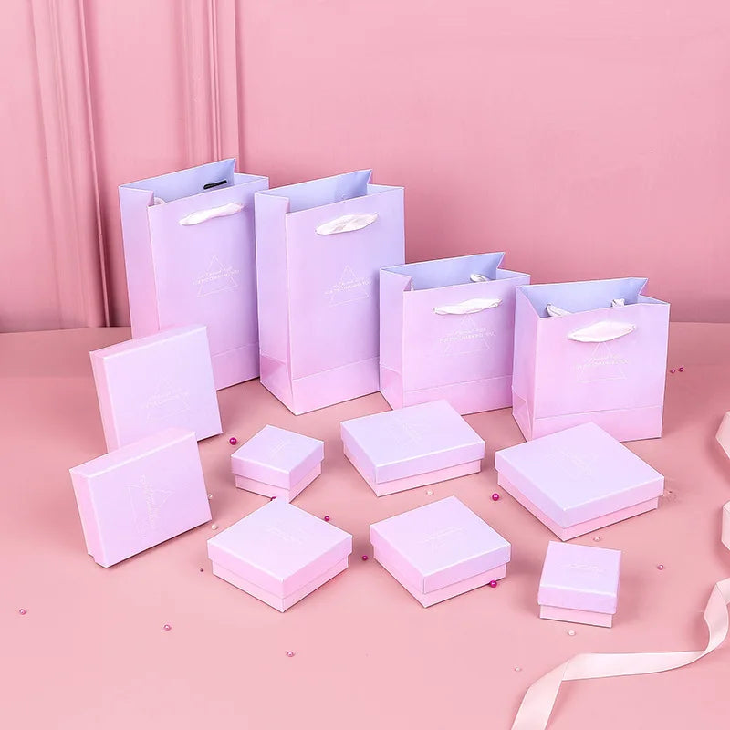 Custom Jewelry Box Pink Cardboard Printing Logo Ring Earring Necklace Packaging Boxes Tote Bag YF2962