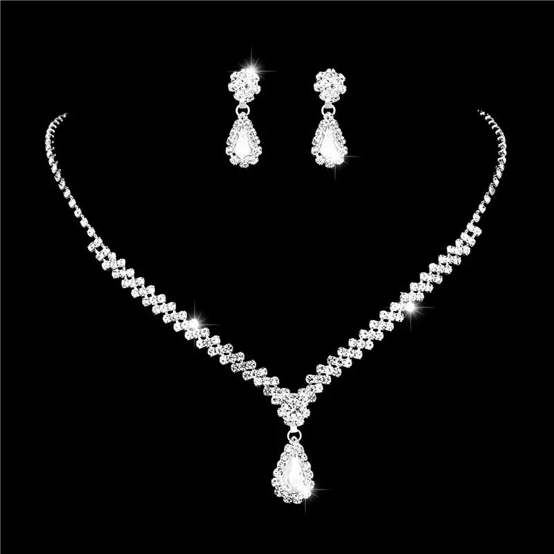 Minimalist Flower Drop Necklace Earrings Crystal Rhinestone Jewelry Set Bridal Wedding Jewelry Sets
