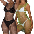 Womens Crystal Rhinestone Club Dresses Sequin Fishnet Dress Glitter Sheer Bodysuit See Through Bikini Beach Cover up