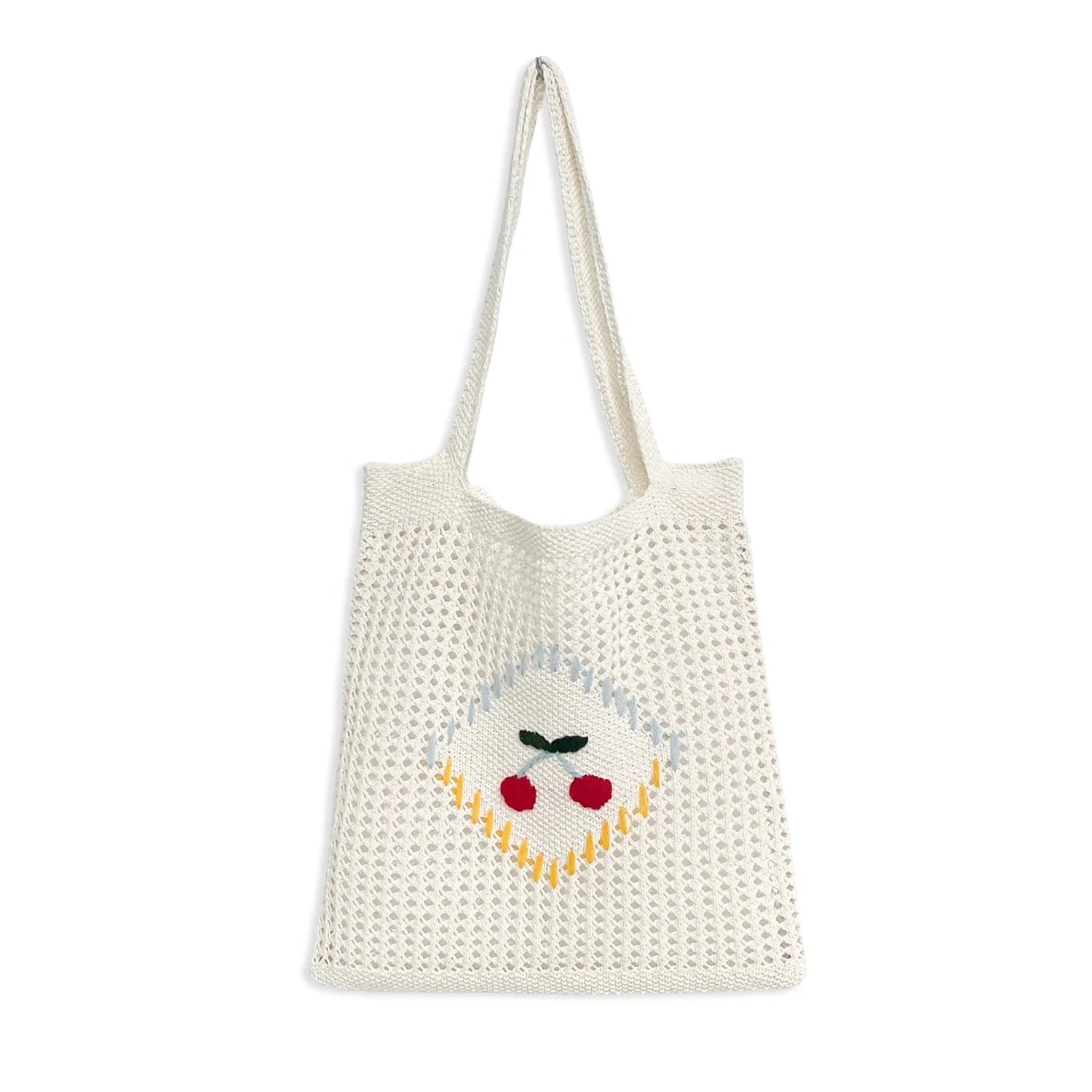 Wholesale Summer Beach Tote Bag for Women Sweet Cherry Embroidery Knitted Crochet Shoulder Bags Portable Autumn Winter Spring