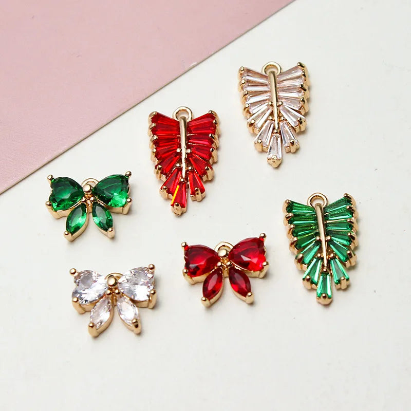 Shiny Gold Plated Colorful Inlaid Zircon Leaf Branches Bow Pendant Charm for DIY Jewelry Making Supplies