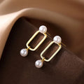 Chic Women Jewelry 925 Pure Silver Pearl Drop Earrings Gold Plated Geometric Pearl Square Stud Earrings
