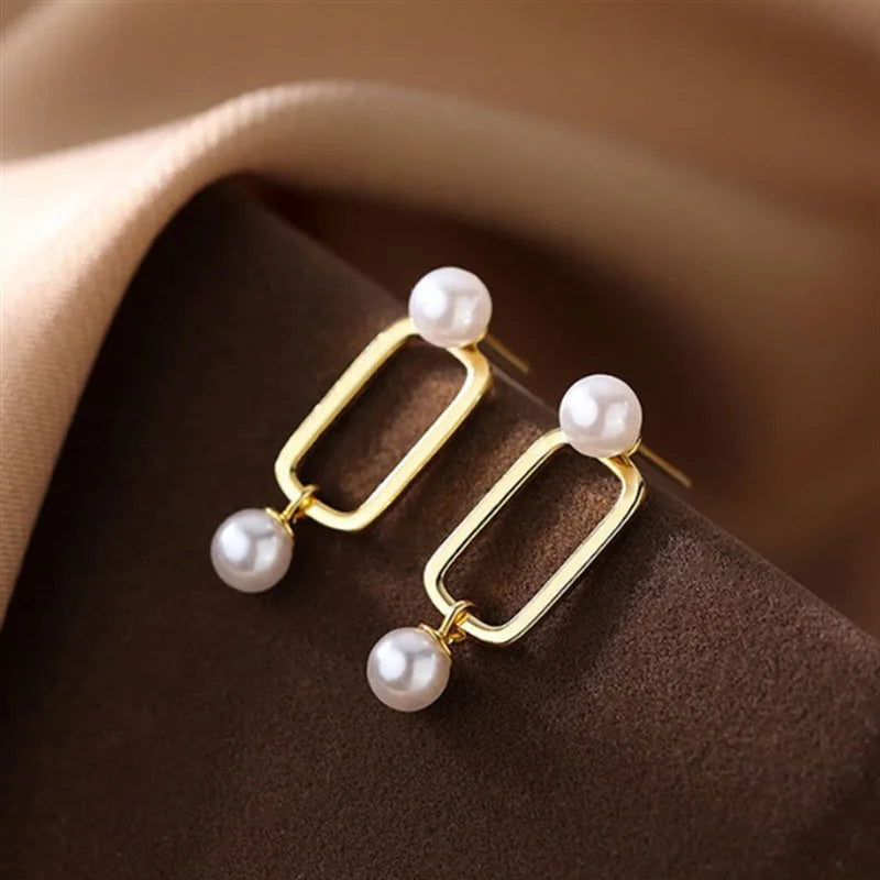 Chic Women Jewelry 925 Pure Silver Pearl Drop Earrings Gold Plated Geometric Pearl Square Stud Earrings