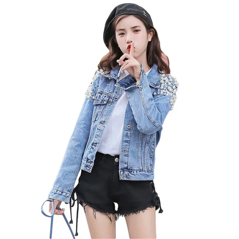 Spring and Autumn New Denim Coat Fashion Heavy Industry Nail Beaded Diamond Long Sleeve Denim Woman