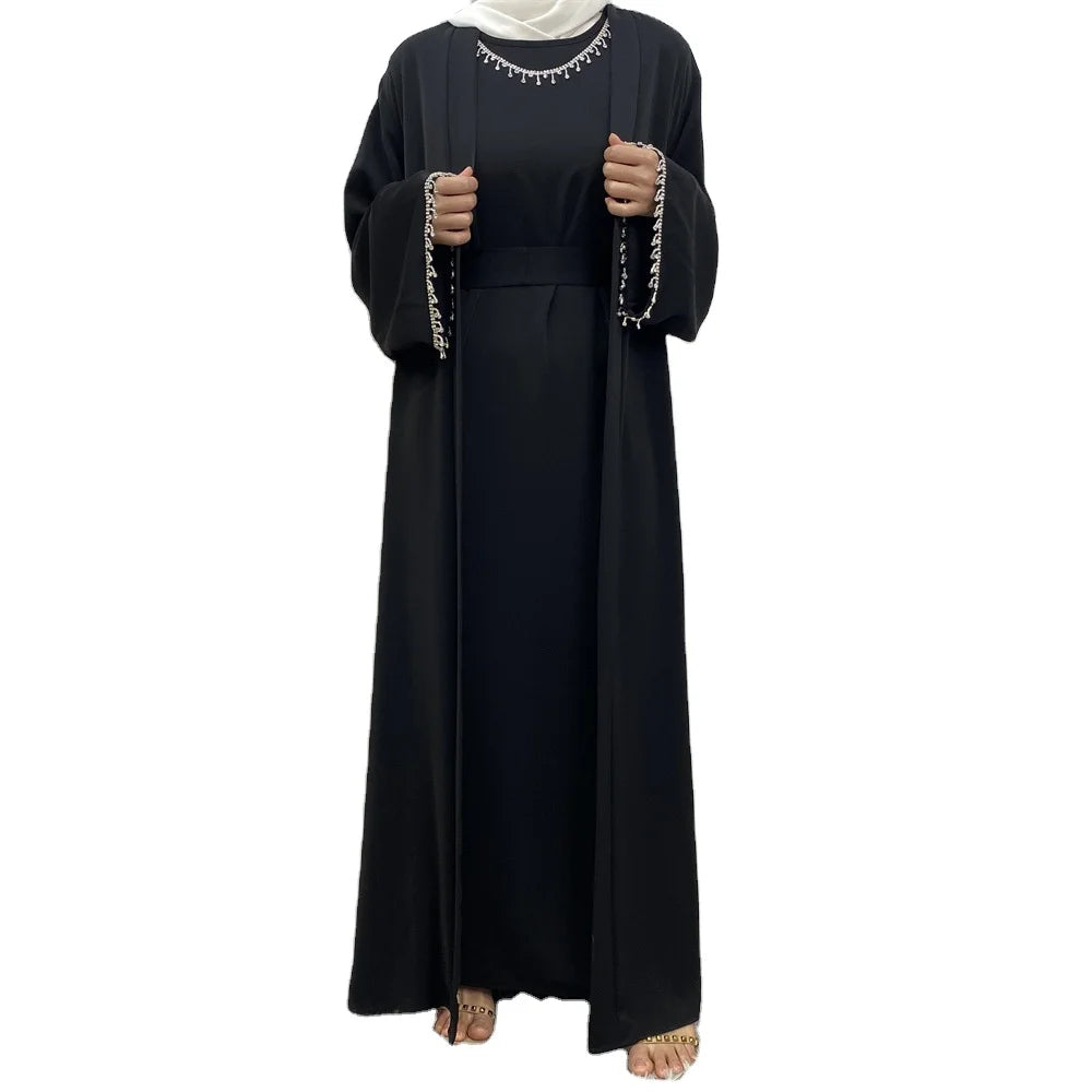 Platform Guarantee Plain Color Nida Long Style Rhinestone Decoration Duabi Malaysia Fashion Modest Abaya Sets for Muslimah