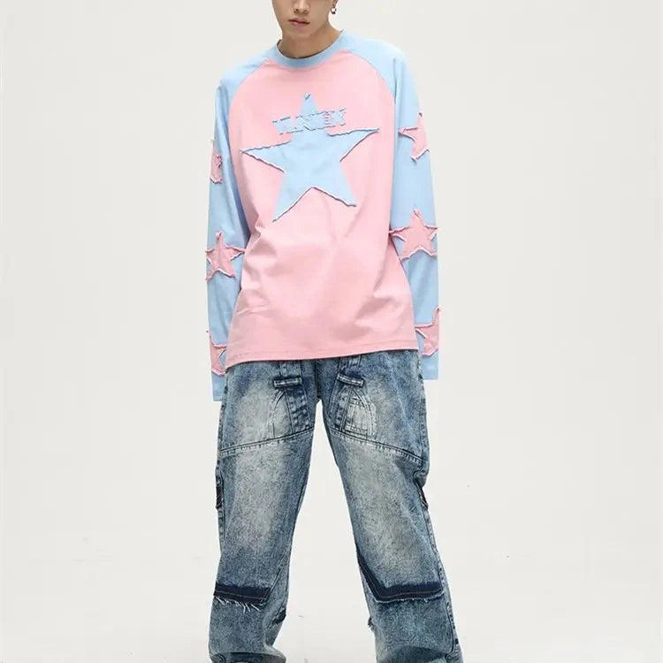 Manufacturer Custom Vintage Star Embroidery Logo Oversized Autumn Eco-Friendly Fleece Sweatshirt Men Highstreet Distressed