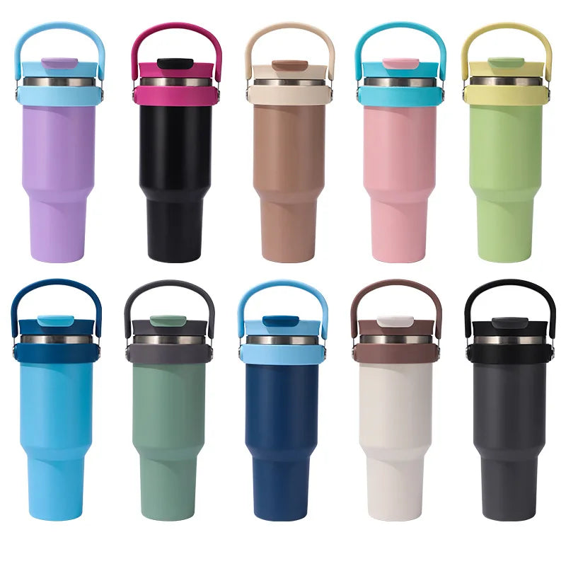New Design 304 Insulated 40oz Double Wall Stainless Steel Water Tumbler Car Cup Travel Mug With Straw and Portable Handle
