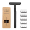 Zero Waste Simple Men's Stainless Steel Butterfly Safety Razor with Long Handle Black Double Edge Blade for Face & Body Shaving