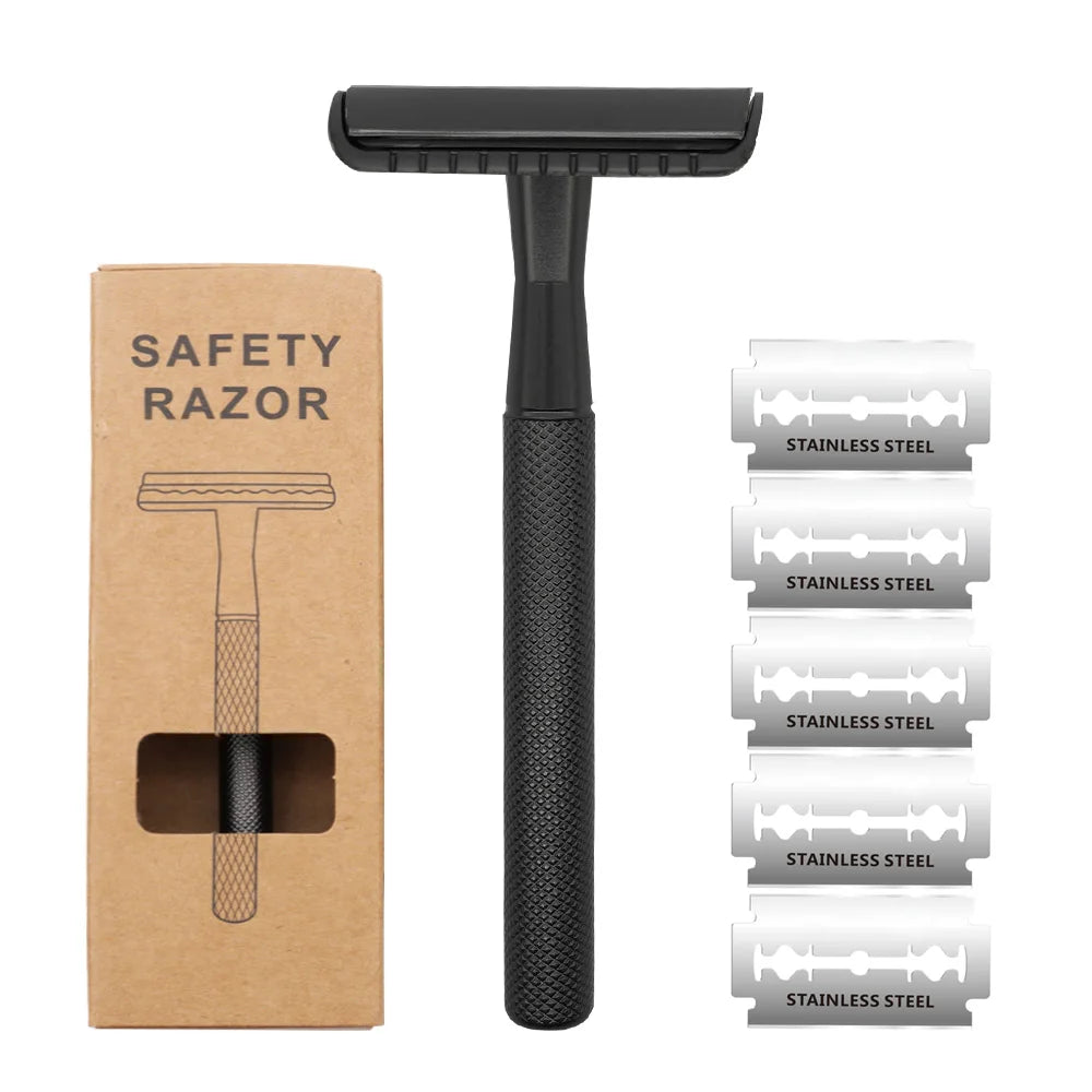 Zero Waste Simple Men's Stainless Steel Butterfly Safety Razor with Long Handle Black Double Edge Blade for Face & Body Shaving
