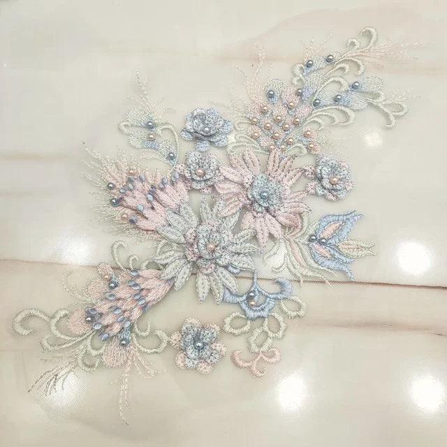 Fancy Contrast Color 3d Beaded Lace Applique Embroidery Handcut Fabric LT2544A