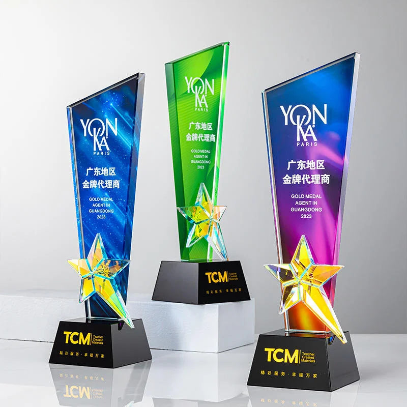 Hot Sale Full Color Printing Rainbow AB Coating Star Crystal Glass Awards Plaque Trophy