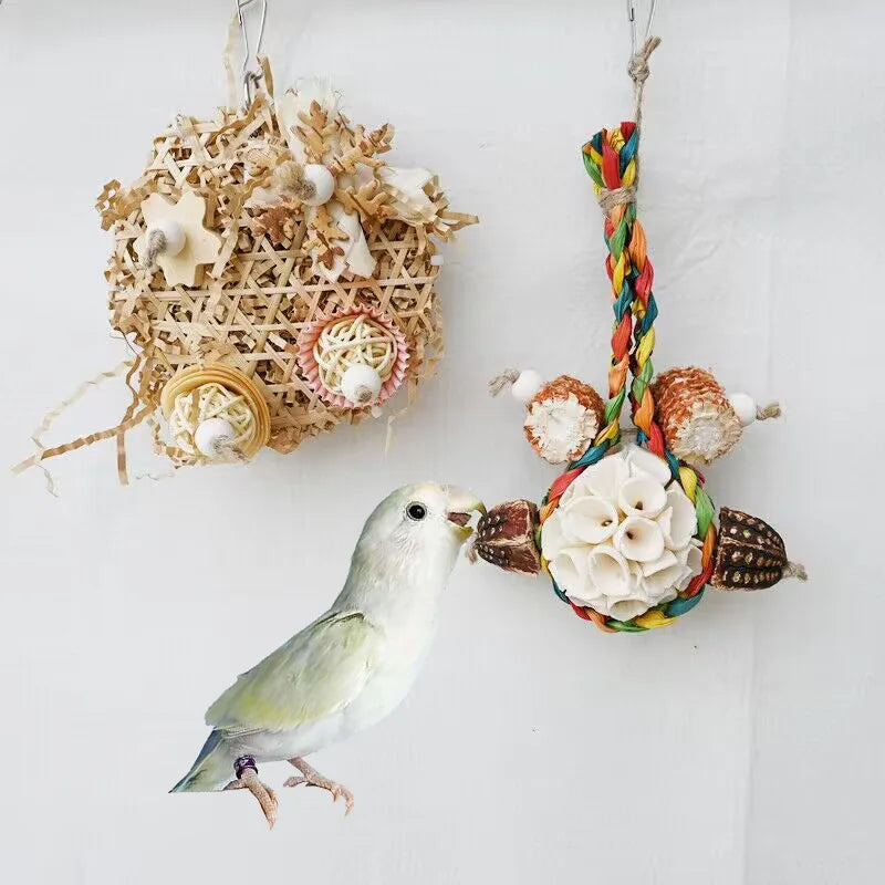 Parrot Bird Bamboo Straw Chew String Natural Corn Cob Grass Ball Chew Supplies for Parakeets Conure Cockatiels Budgies