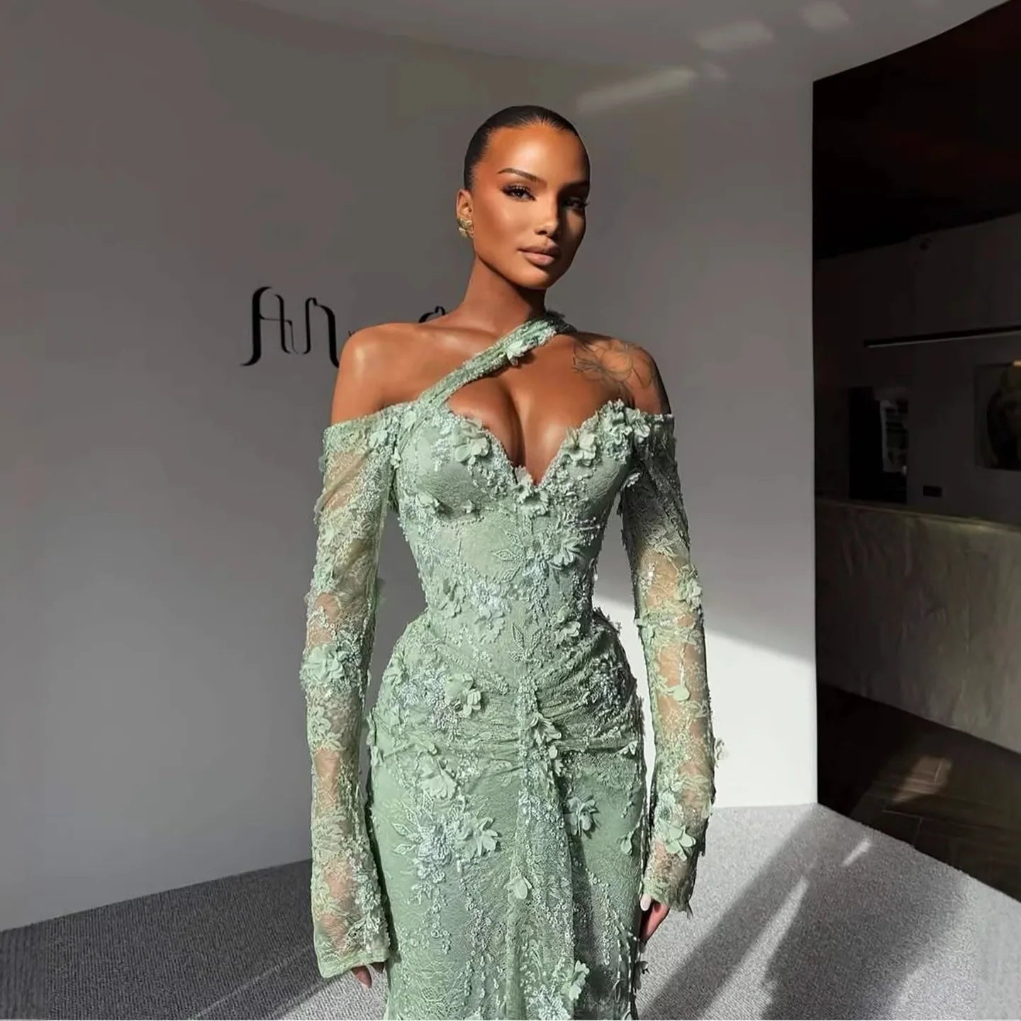 Serene Hill LA73384 Sage Green 3D Floral Lace Mermaid Evening Dress 2026 Elegant Wedding Party Gown for Women