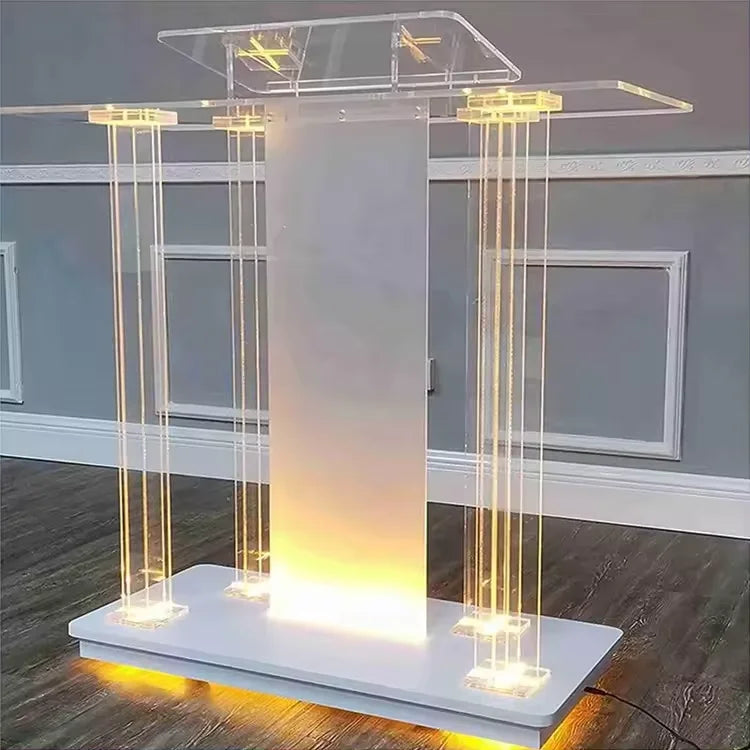 New Model Transparent Acrylic Floor Podium with LED Lights and Wheels Church Pulpit Service Equipment for Conference Room
