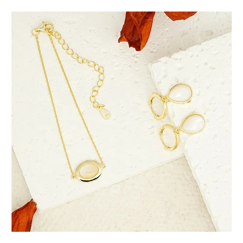 Free Design 925 Sterling Silver Oval Natural White Shell Bracelet Earrings Jewelry Set Drop Design Sense of Niche Ladies