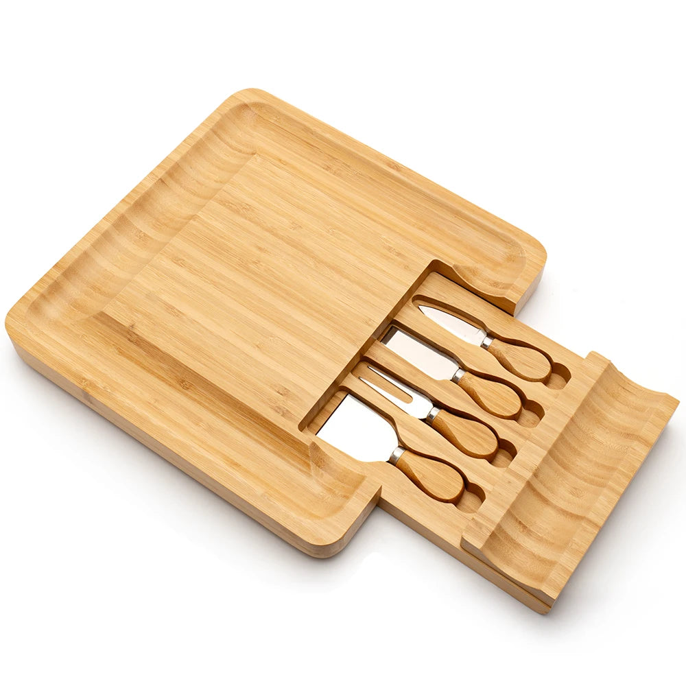 Charcuterie Board Set and Knife Sets Large Bamboo Cheese Boards Serving Tray Cutting Blocks Slide-Out Drawer