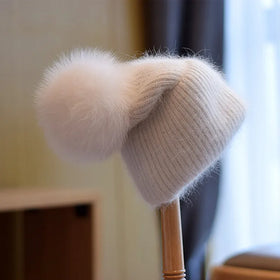 Wholesale Wool Blend Hand Embroidery Detachable Real Faux Fur Pompom Angora Rabbit Fur Beanie Knitted Winter Hat for Women