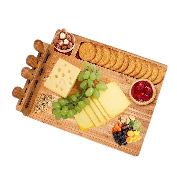 CNLF European Bamboo Cheese Board Set Modern Design with Knife Fork Cutting Boards for Snacks and Fruits for Serving