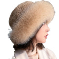 MWFur Fashion Hot Sale Fox Fur Trim Roller Mink Fur Cloche Hat Knitted Winter Warm Fur Hat for Women Winter Street Fashion