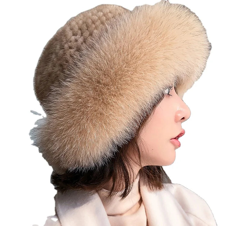 MWFur Fashion Hot Sale Fox Fur Trim Roller Mink Fur Cloche Hat Knitted Winter Warm Fur Hat for Women Winter Street Fashion