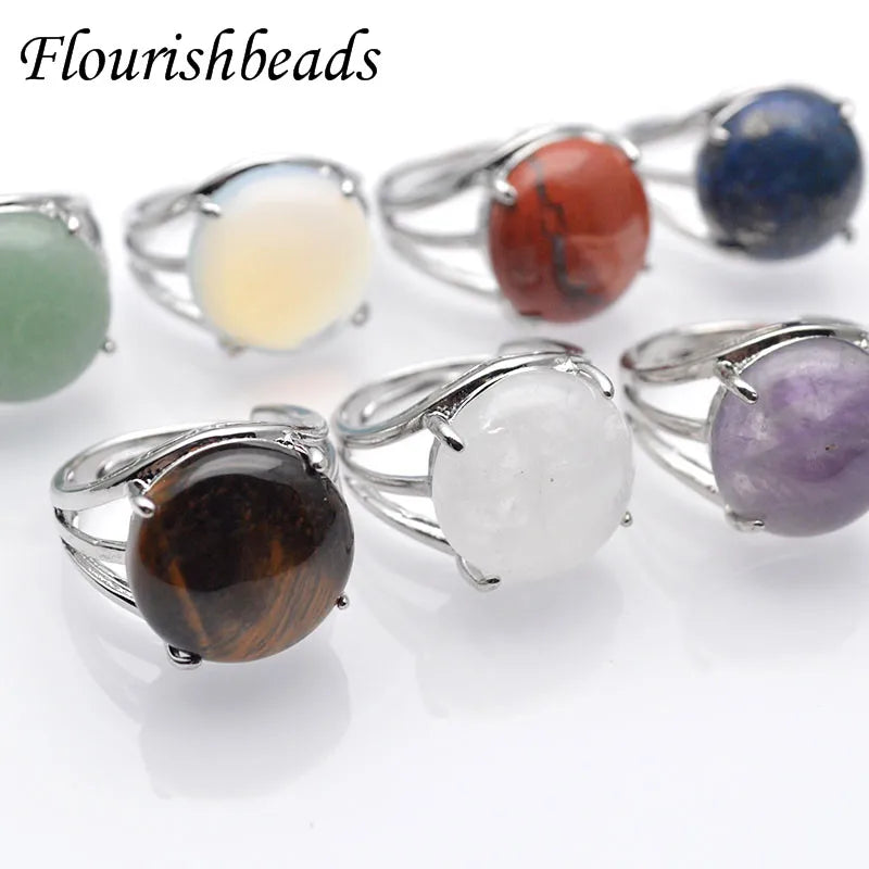 Luxury Real Crystal Stone Lapis Tiger Eye Amethyst Crystal Round Cabochon Stone Brass Resizable Ring for Women Men